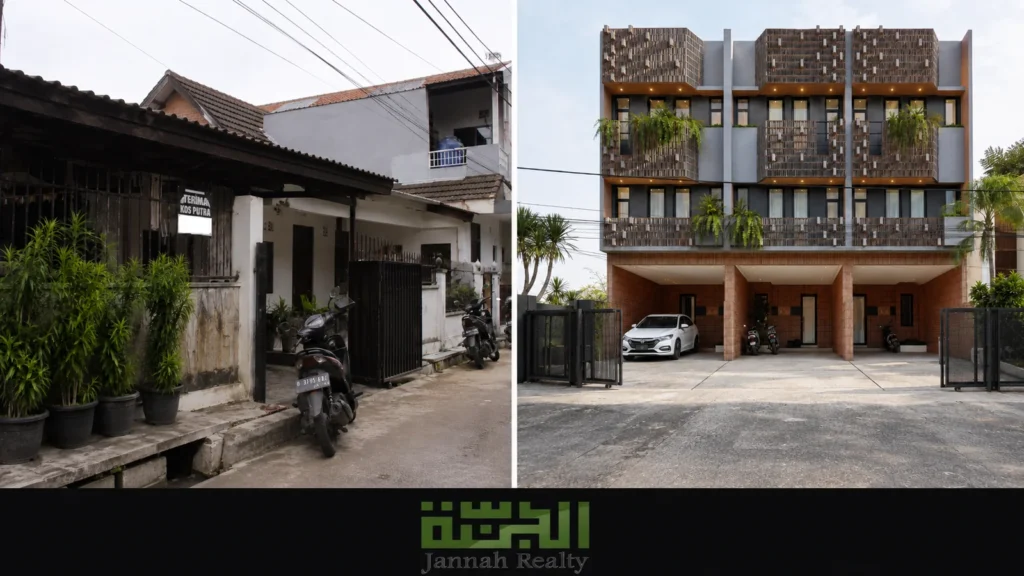 Perbandingan rumah kos konvensional dan Kahfi Apartkos sebagai kos modern dekat UI Depok.