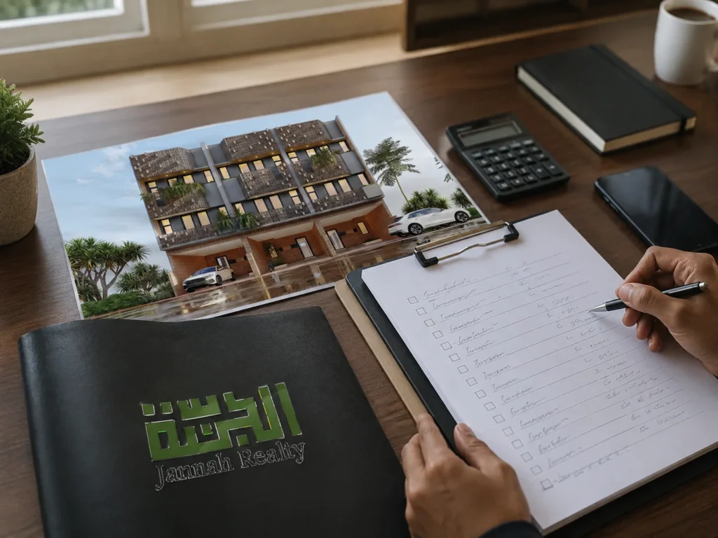 Checklist investasi kos UI Depok dengan foto Kahfi Apartkos dan folder Jannah Realty.