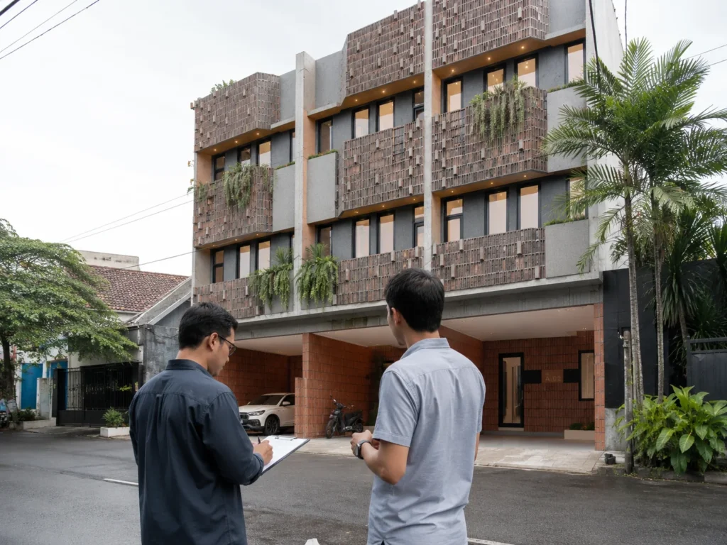 Dua investor meninjau fasad Kahfi Apartkos sebagai aset kos modern dekat UI Depok.