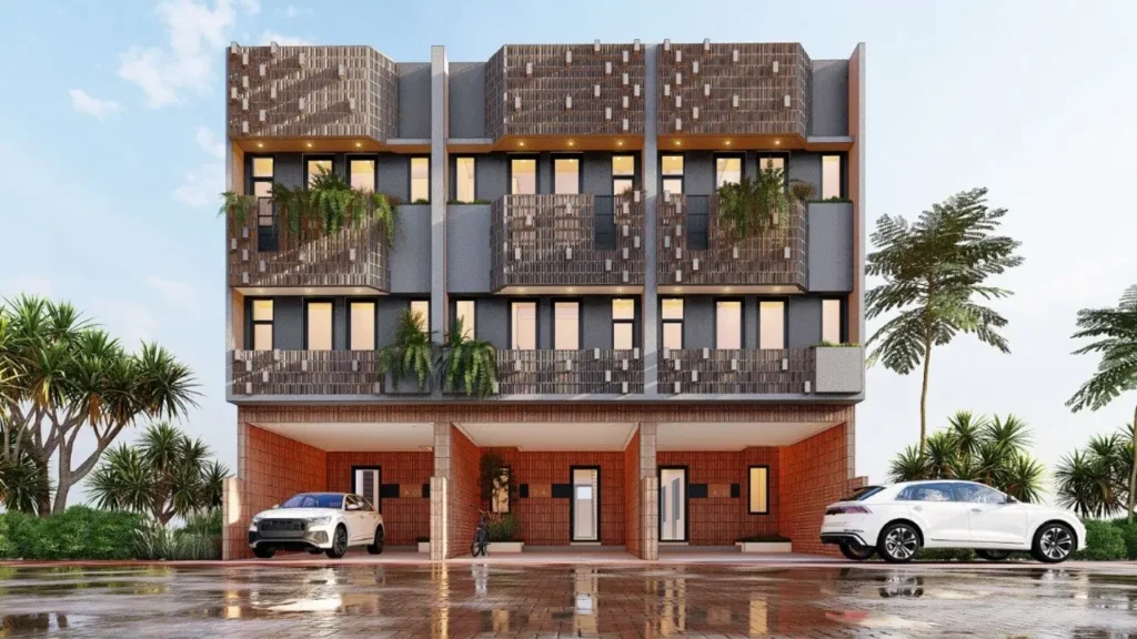 Render fasad dua unit Kahfi Apartkost Prestige di kawasan ring satu UI Depok.
