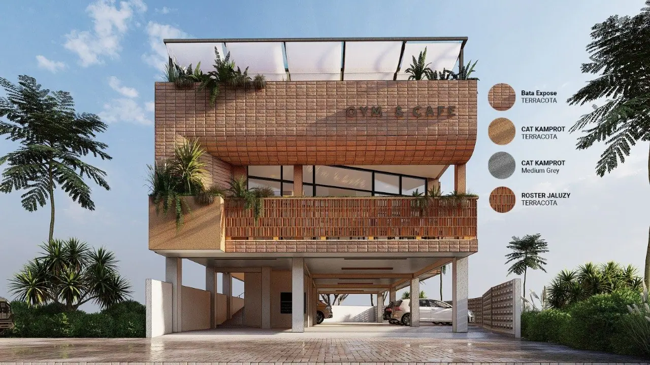 Render fasilitas umum gym dan cafe pada Kahfi Apartkost Prestige UI Depok