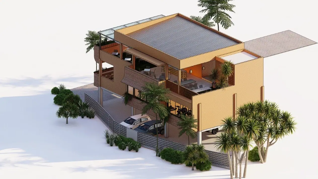 Render area rooftop dan parkir Kahfi Apartkost Prestige UI Depok