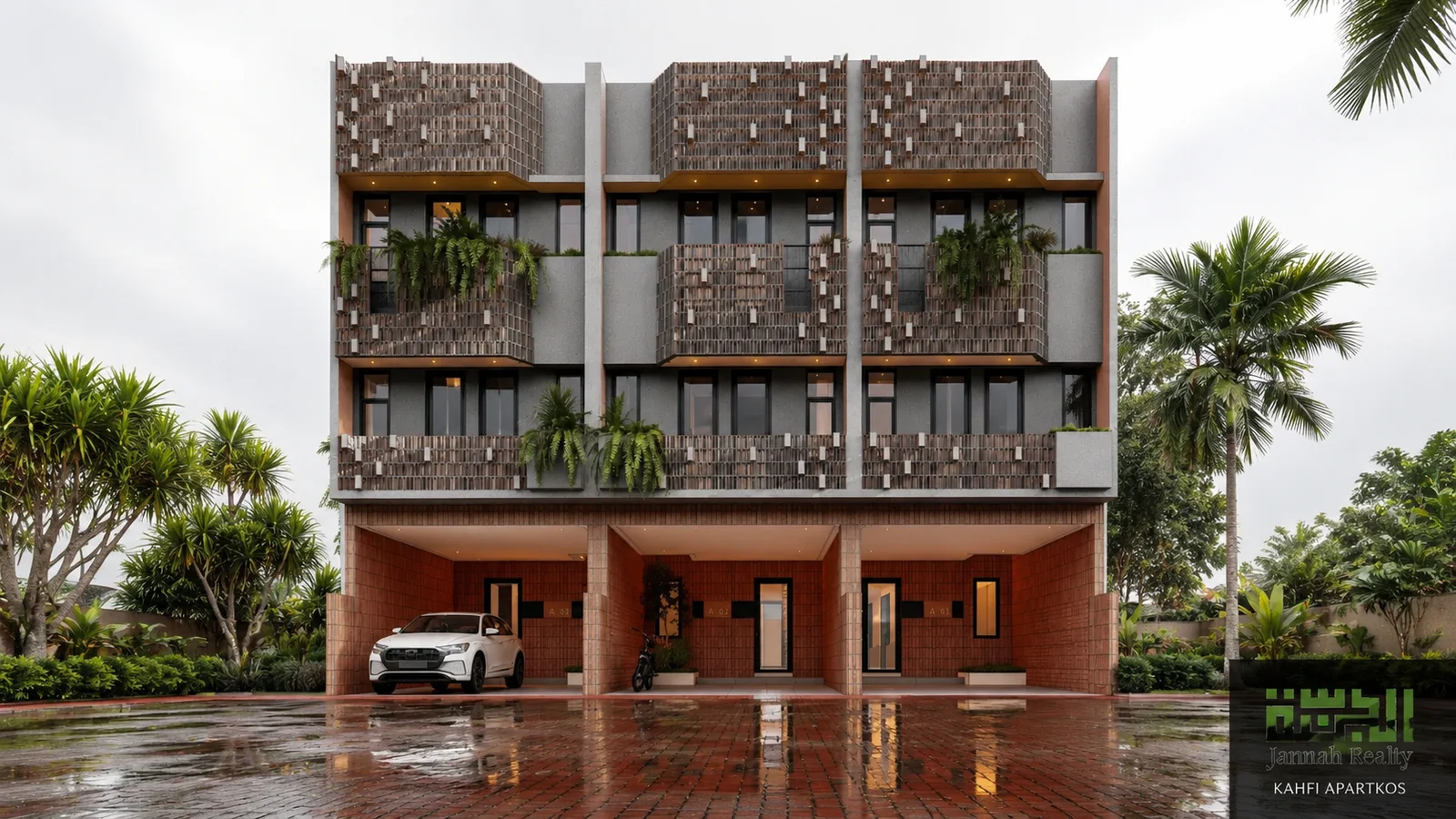 Hero fasad Kahfi Apartkos Prestige untuk investasi kos modern dekat UI Depok