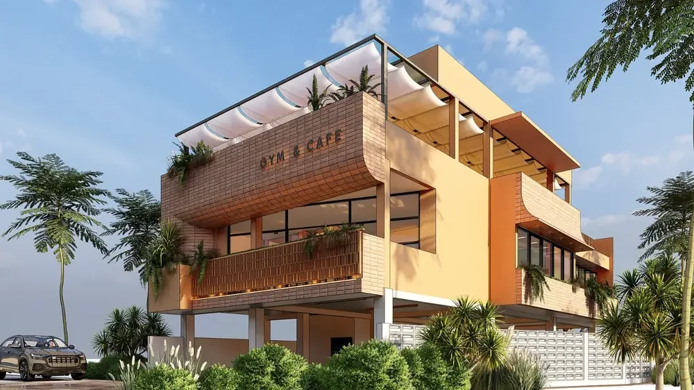 Render fasilitas Gym dan Cafe Kahfi Apartkos Prestige